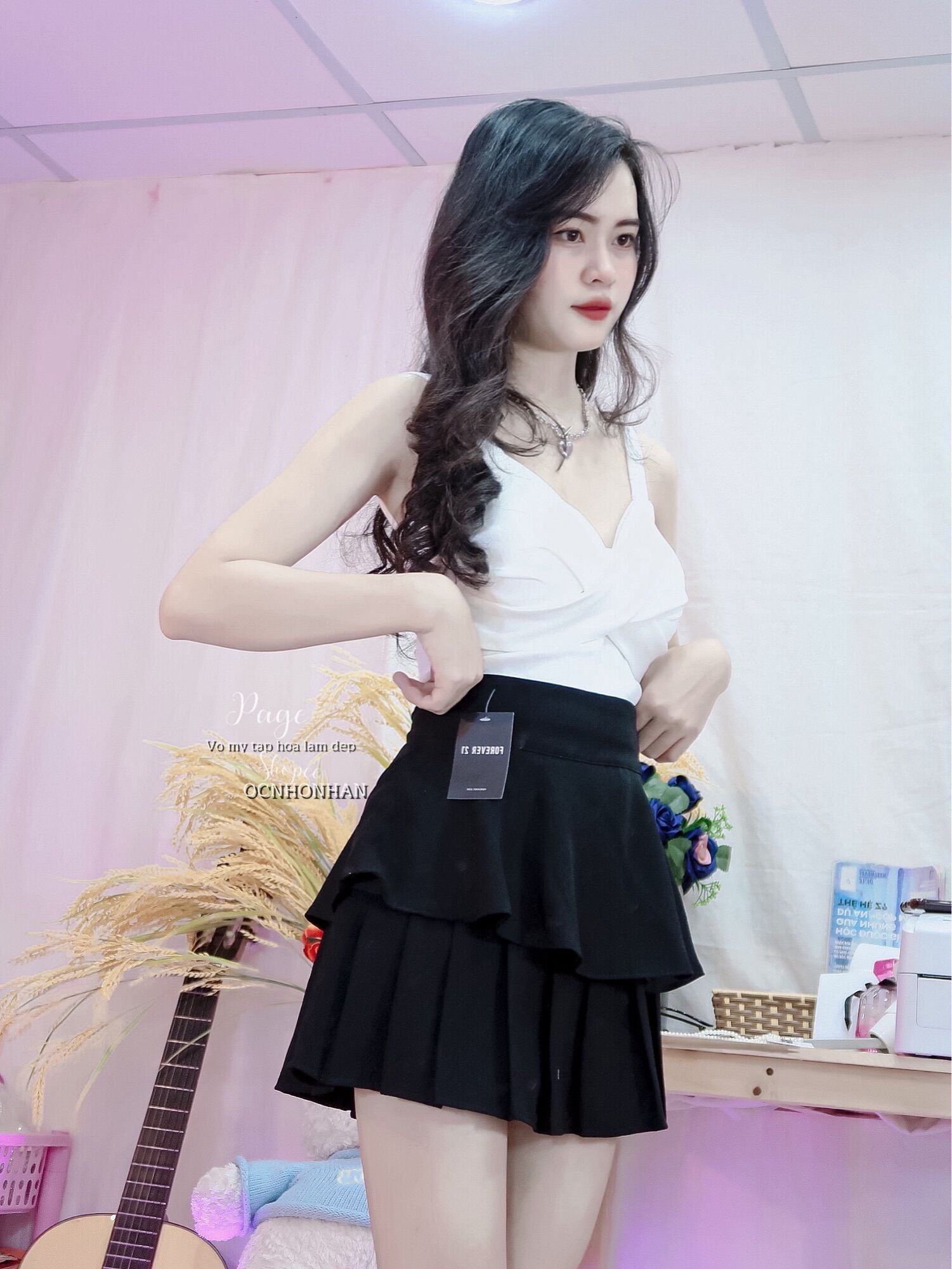 Set áo hai dây phối chân váy tầng