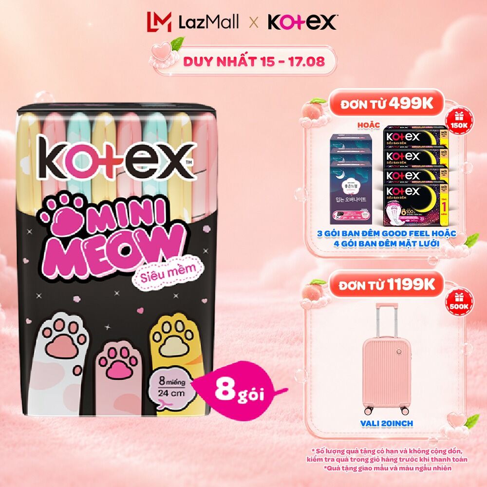 Combo 8/Combo 16 gói Băng vệ sinh Kotex MiniMeow Siêu mềm siêu mỏng cánh (8 miếng/gói)