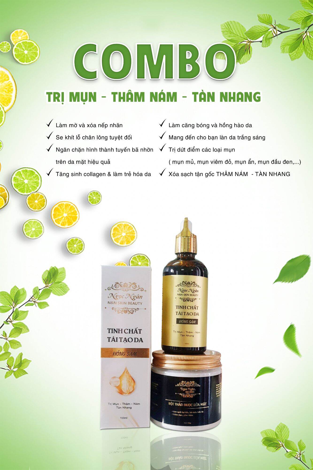 COMBO HỒNG SÂM NGỌC NGÂN  ( 1 TINH CHẤT TÁI TẠO DA  + 1 BỘT THẢO DƯỢC HỒNG SÂM)