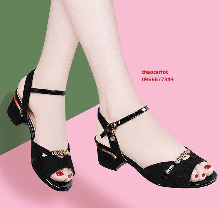 Giày sandan kim sa hở hậu đính hạt gót 3f