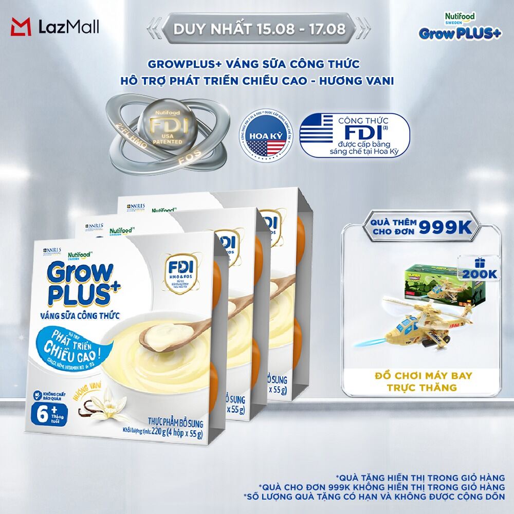 Combo 3 lốc GrowPLUS+ Váng sữa công thức - Hỗ trợ phát triển chiều cao hương Vani & vị Socola (55g x 12 hộp)