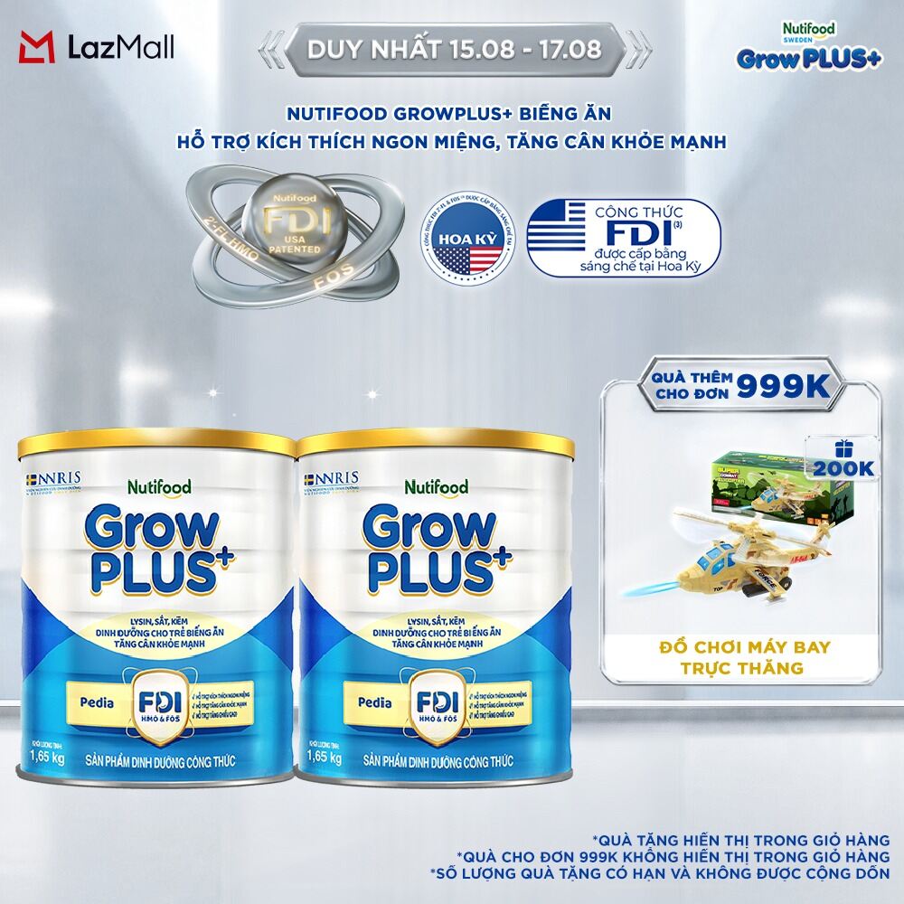 Combo 2 Sữa Bột Nutifood GrowPLUS+ Biếng Ăn (Xanh) - Hỗ Trợ Kích Thích Ngon Miệng, Tăng Cân Khỏe Mạnh (2 Lon 1,65 Kg)