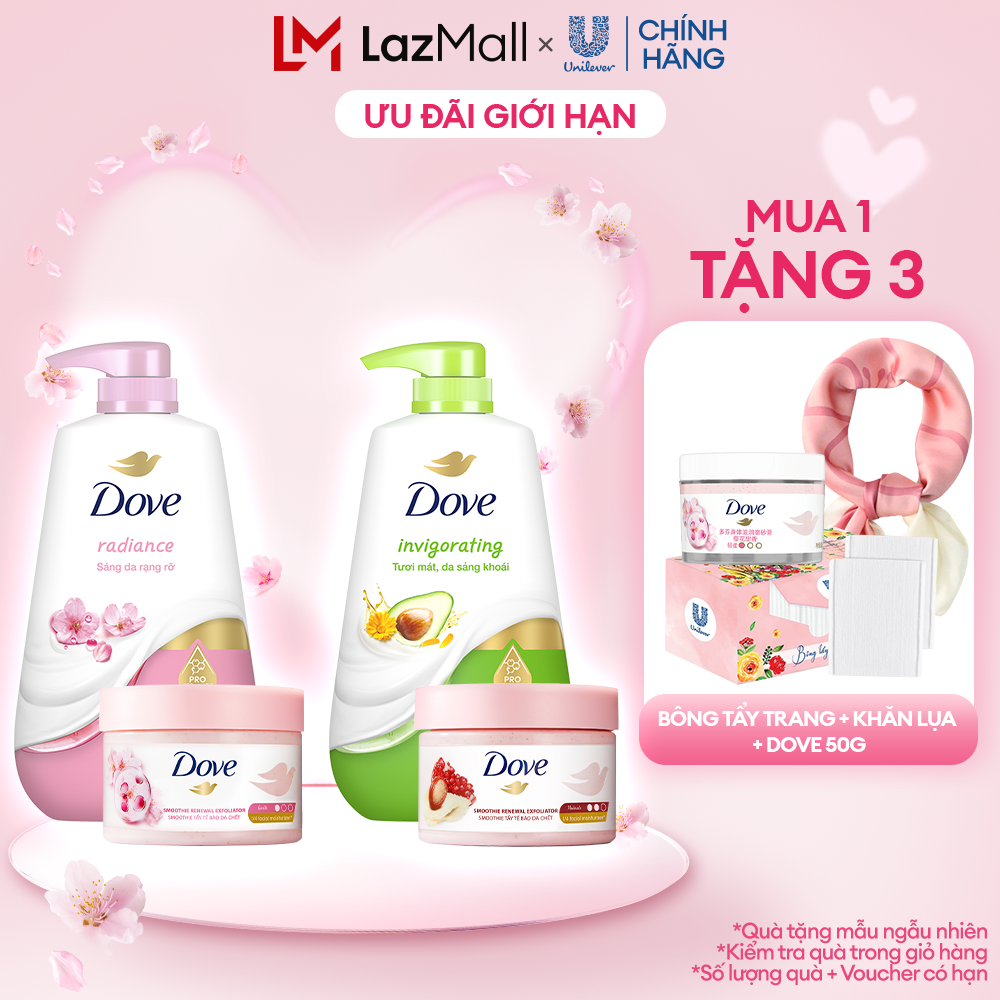 Combo Sữa tắm Dưỡng thể Dove 500g Da Mịn Hương Hoa 500g + Tẩy Da Chết Dưỡng Ẩm Dove Hương Hoa Anh Đào/ Lựu Đỏ 298g