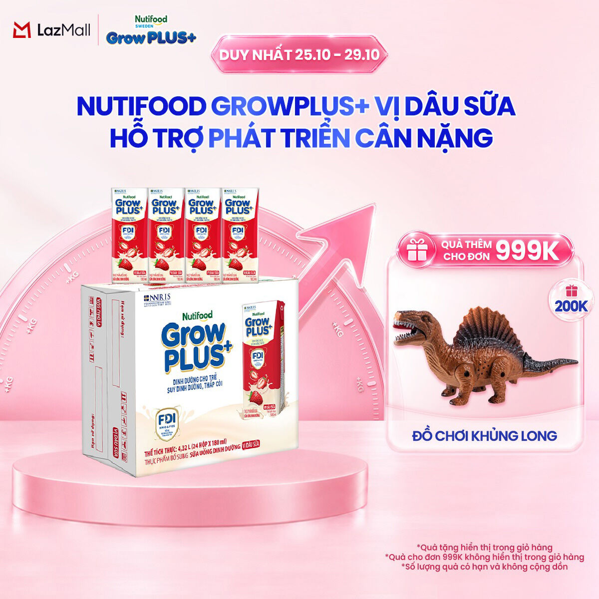 Thùng 24 hộp Sữa bột pha sẵn Nutifood GrowPLUS+ Vị Dâu Sữa hộp 180ml - Hỗ trợ phát triển cân nặng (24 hộp x 180ml)
