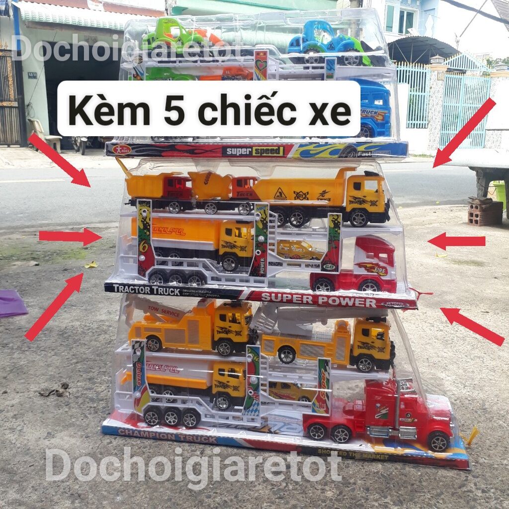 Đồ Chơi Xe Tải Container 3 Tầng Chở Xe Con (kèm 5 chiếc xe)