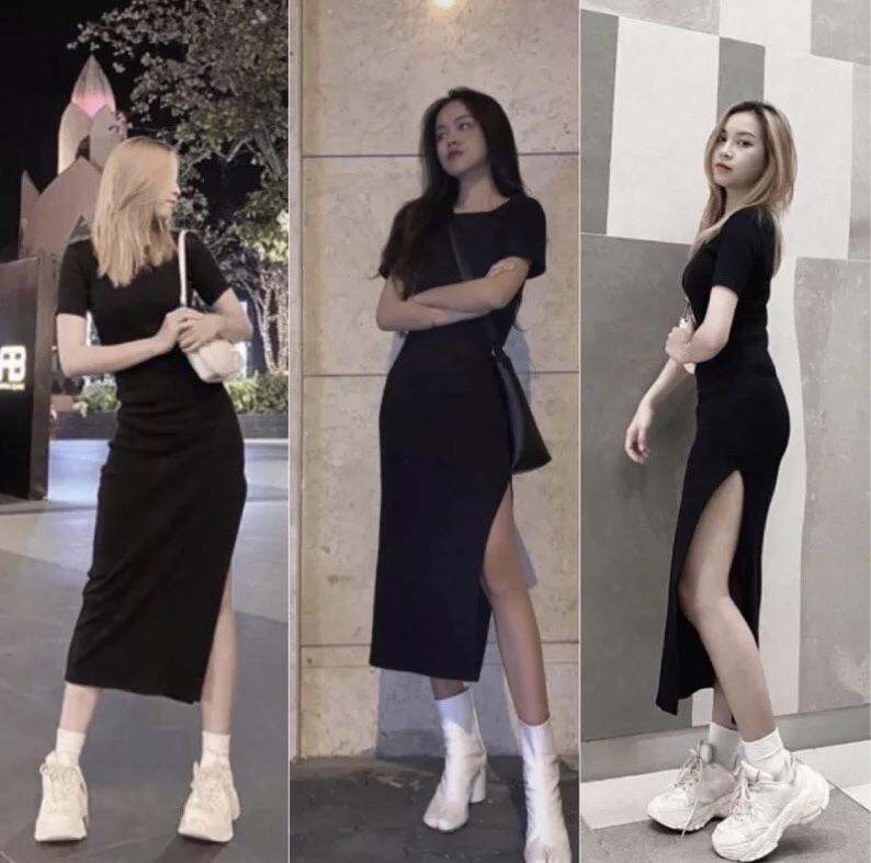 Đầm Ôm Body Xẻ Tà Tôn Dáng màu đen