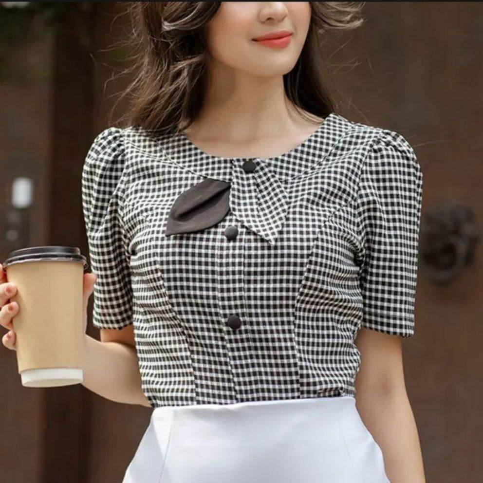 Áo kiểu nữ caro vạt ngang công sở văn phòng