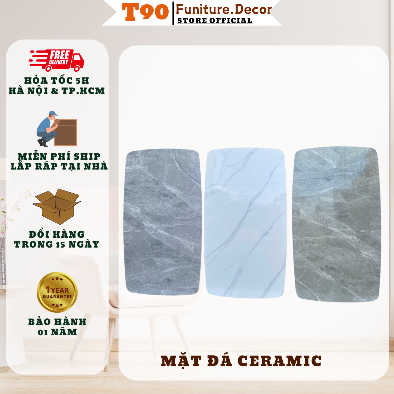 Mặt Bàn Ăn Cơm T90 Đá Ceramic, Đá Bạch Ngọc, Chống Trầy Chống Ố,Chống Thấm. Hàng Nhập Khẩu Cao Cấp Hiện Đại