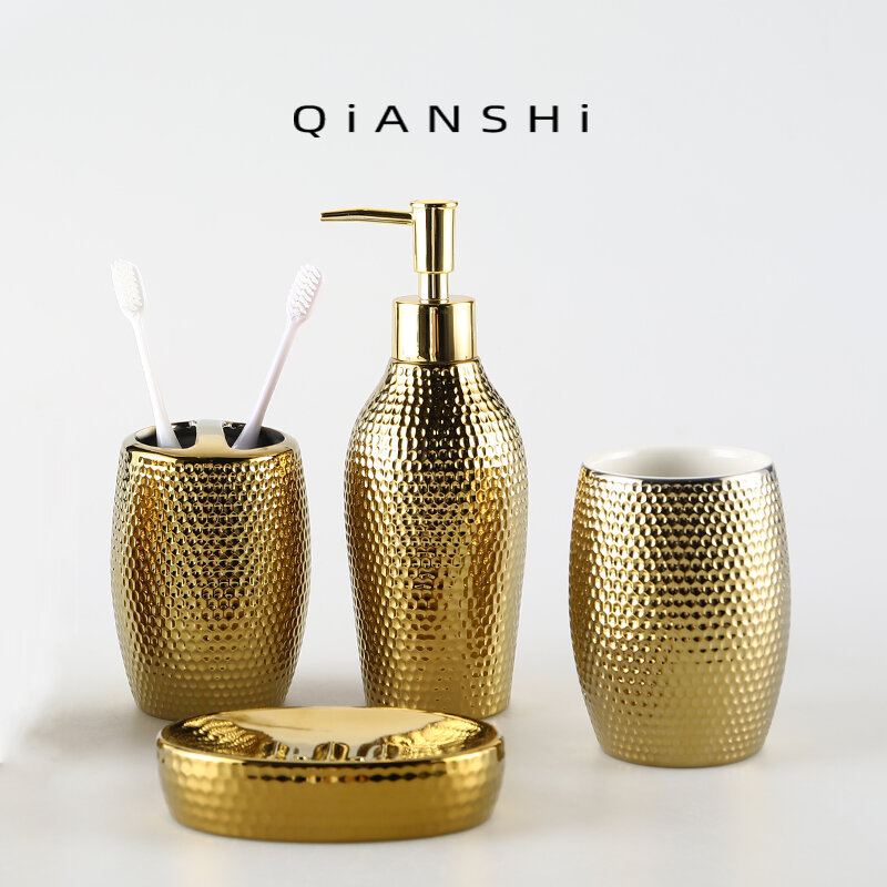 Bộ đồ tắm gội gốm sứ màu vàng bộ đồ 6 món phòng tắm bắc âu bộ đồ dùng phòng tắm bộ cốc tắm gội sang trọng kết hôn