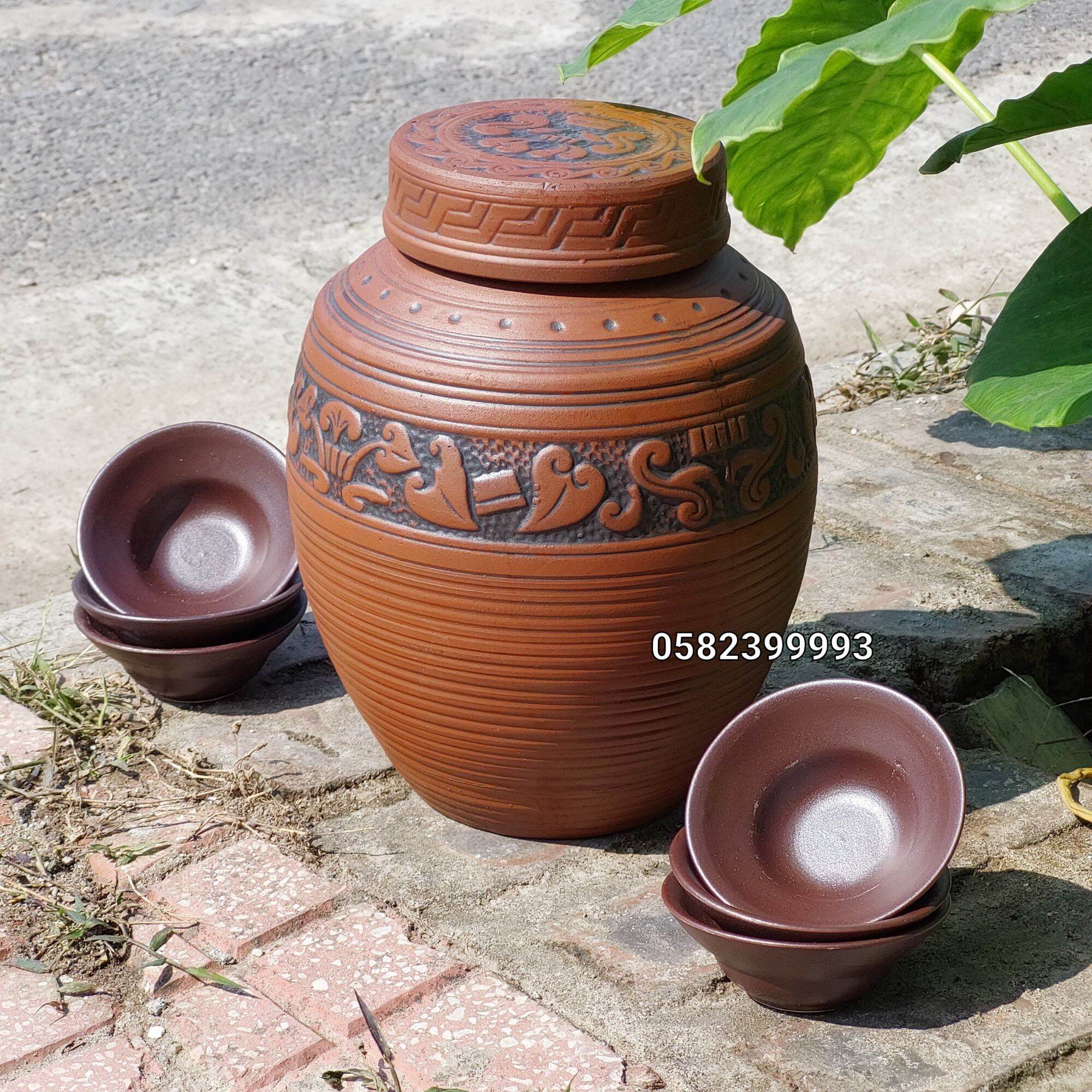 Bộ chum sành 2L khắc sen cổ Bát Tràng kèm 6 bát