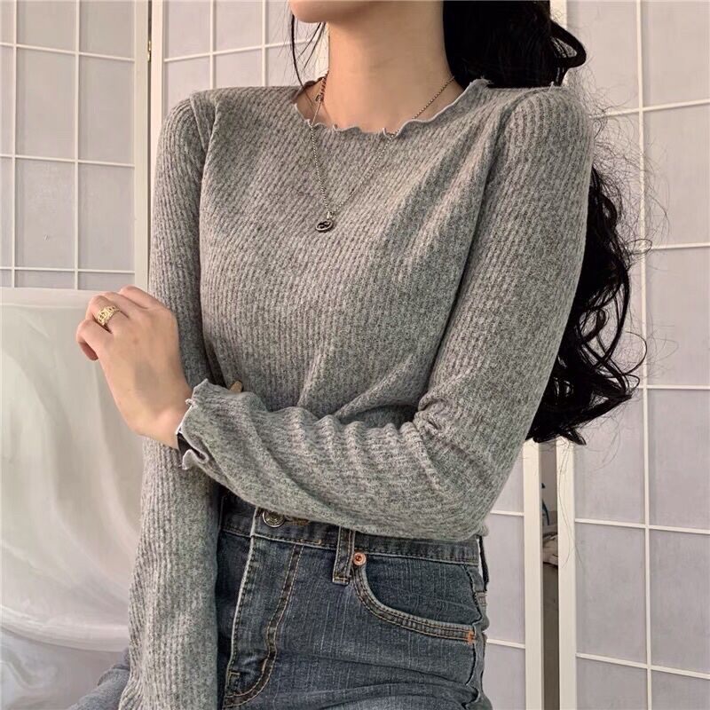 Áo len nữ mỏng hoạ tiết kẻ sọc form rộng phong cách Hàn Quốc, Áo thun dệt kim mỏng dài taytay dáng r