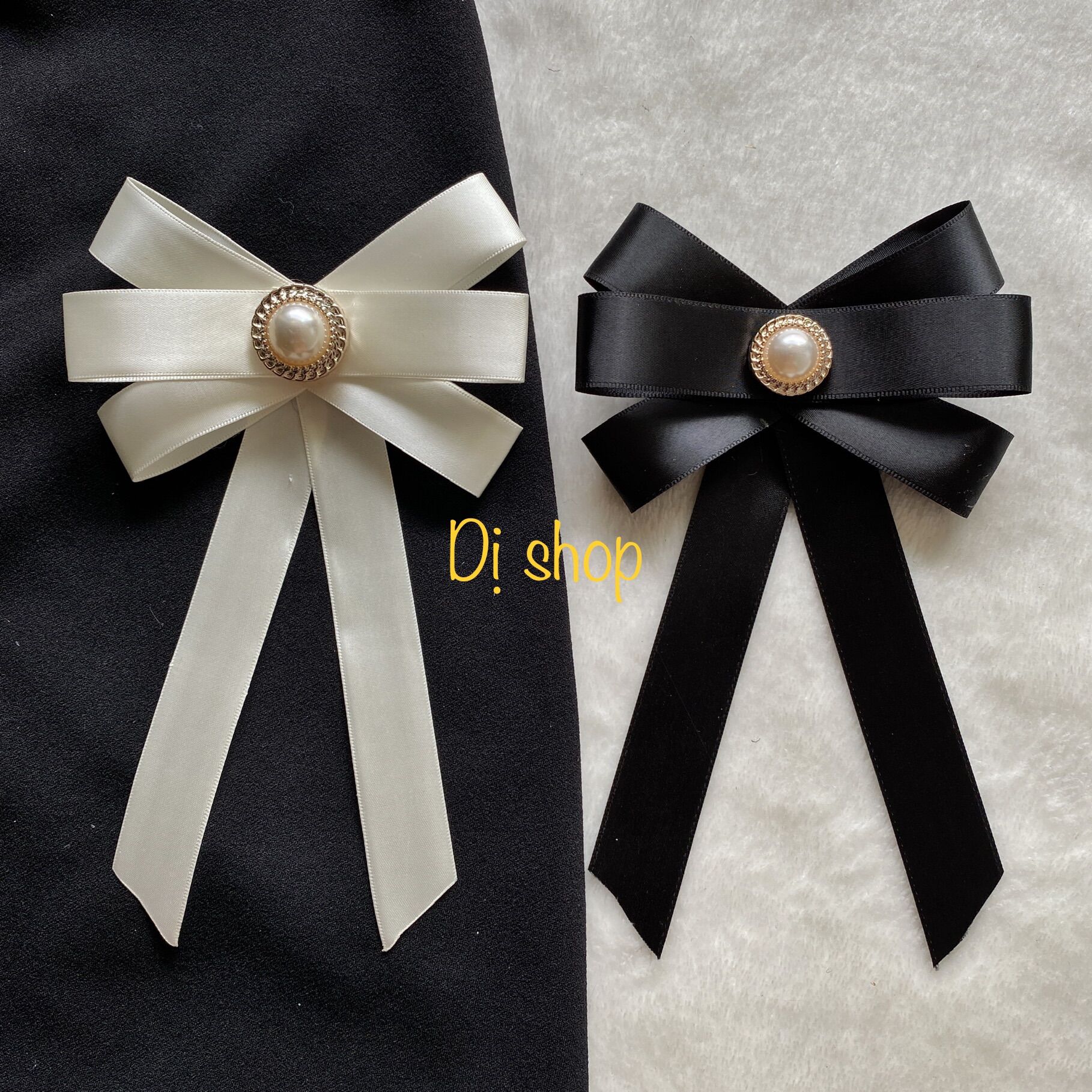 Nơ ribang lụa đính hạt cườm vàng size tầm dài 17cm có kim gài