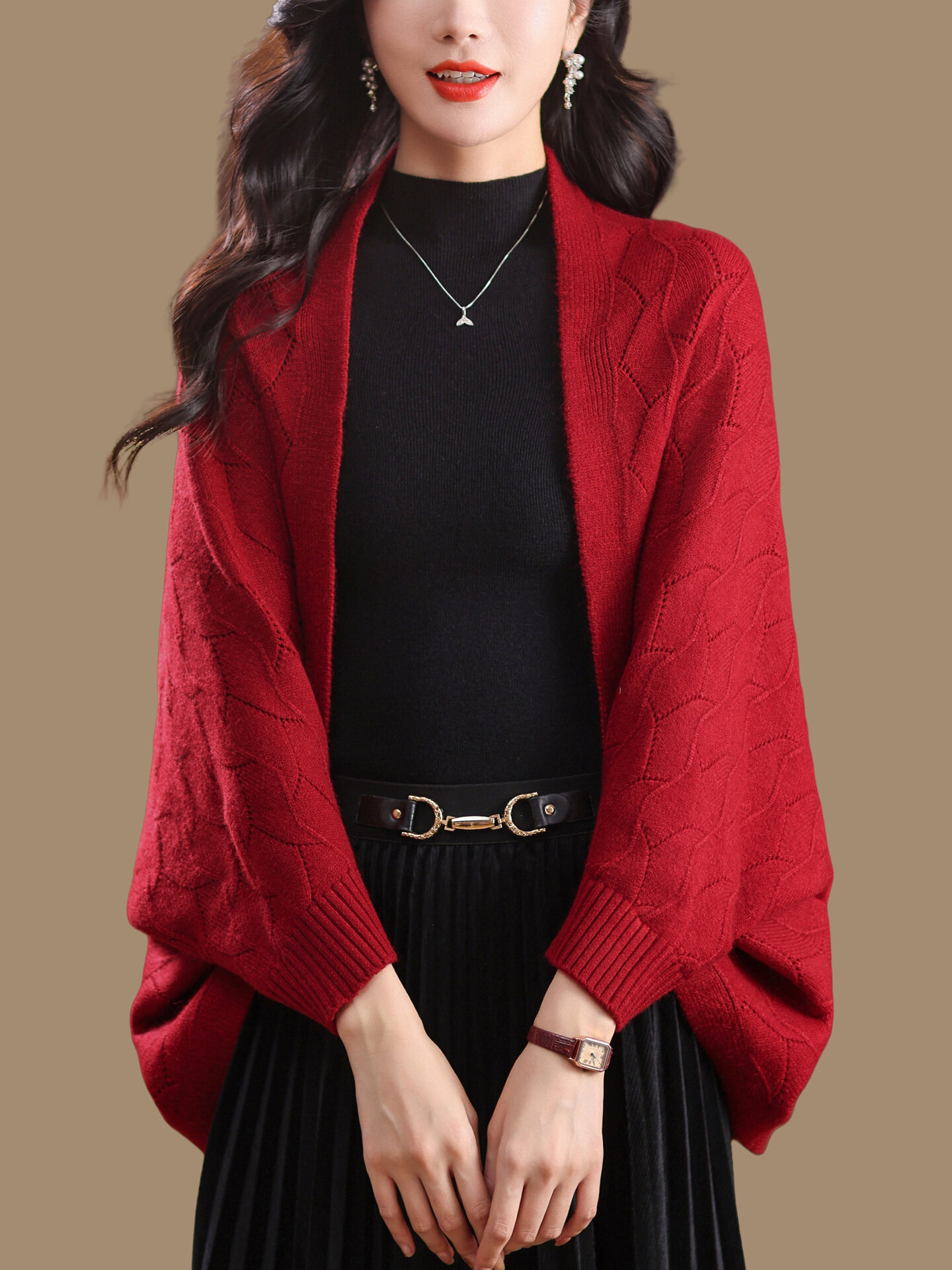 Áo Choàng Choàng Vai Phối Bên Ngoài Mẫu Mới Xuân Thu Áo Cánh Dơi Áo Cardigan Dệt Kim Áo Len Mặc Bên Ngoài Mẫu Ngắn Cho Nữ Dáng Nhỏ Áo Khoác