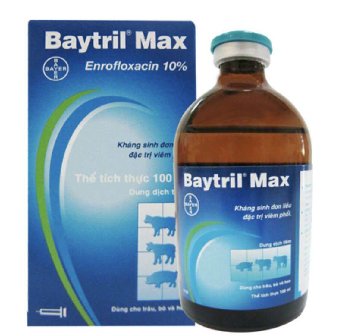 Baytril Max 10% chiếc lẻ 10ml đặt trị viêm phổi tiêu chảy kéo dài dùng cho gia súc và gia cầm.