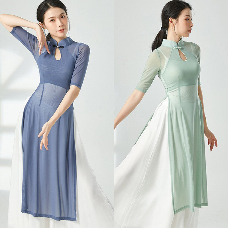 Trang phục luyện công cổ áo sườn xám múa cổ điển, trang phục múa phóng khoáng dáng dài, áo voan lưới thân vận xẻ tà tôn dáng, trang phục yoga biểu diễn