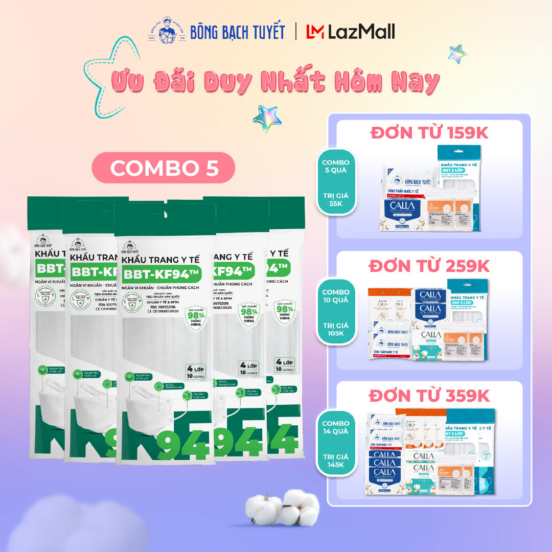 Combo 5 Gói Khẩu trang Bông Bạch Tuyết KF94 4 lớp trắng (10 cái/gói)