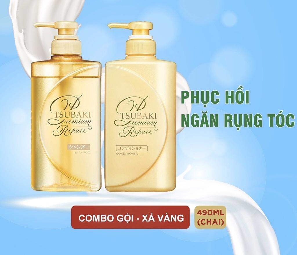 Combo Gội Xả - Dầu Gội Tsubaki Vàng Phục hồi ngăn rụng tóc Premium Repair Tsubaki (490ml/chai)