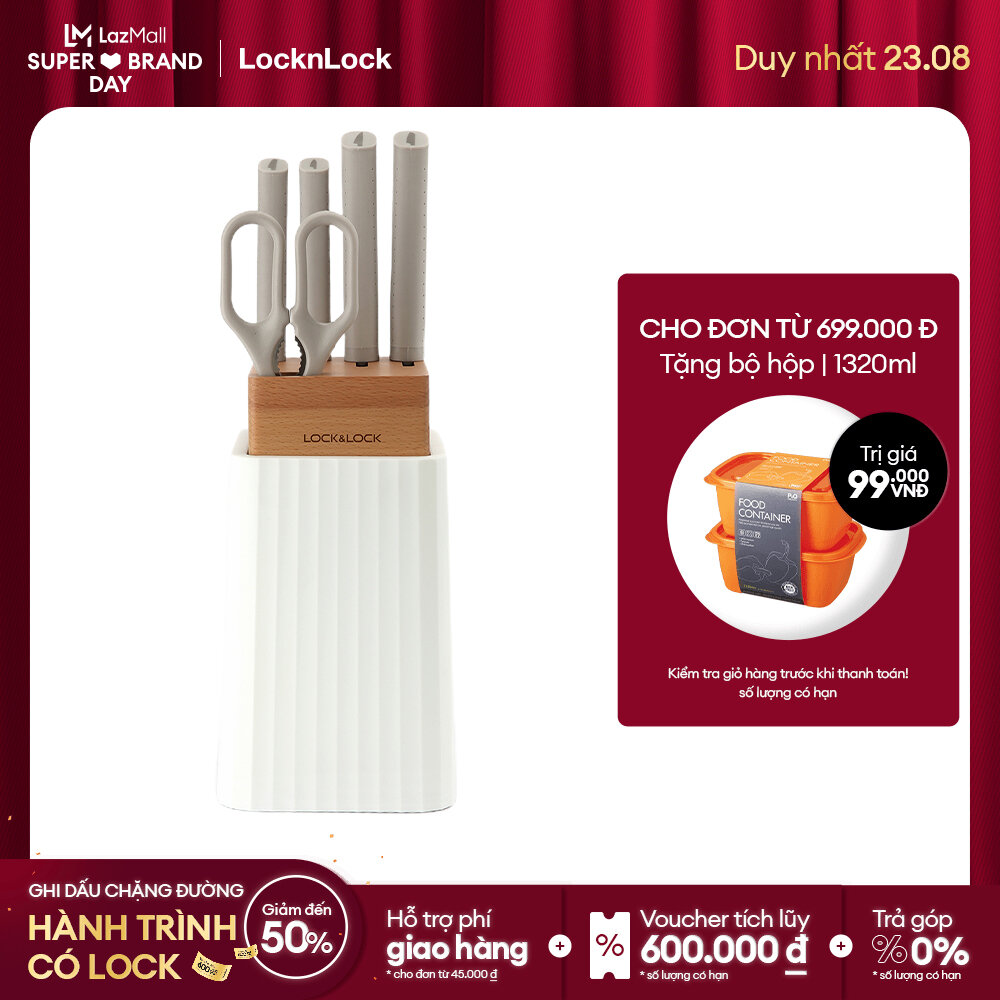 [Duy nhất 23.8 - Mua ngay] BỘ DAO 6 MÓN Lock&Lock (4 dao 1 kéo 1 hộp đựng dao) - màu trắng - CKK802 - thép không gỉ sắc bén, có kí hiệu trên cán dao