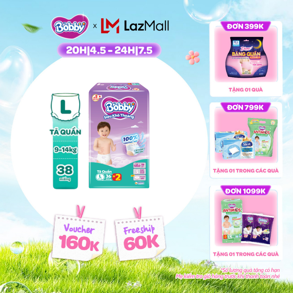 [CHỈ 20h 04-07.05 QT Đơn 899K/1199K] Tã quần Bobby Siêu Khô Thoáng - 100% Thoáng Khí Jumbo L38