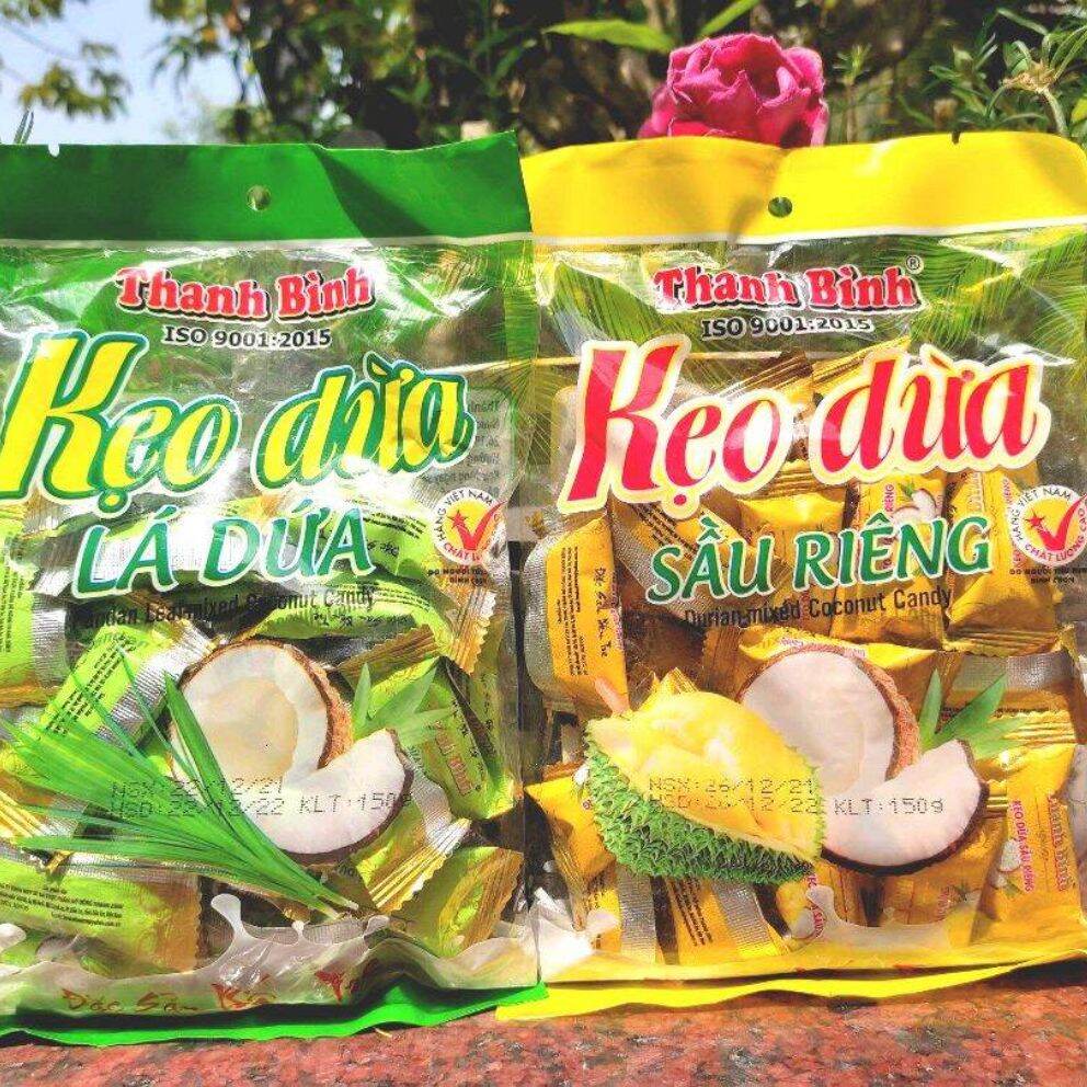Combo 2 bịch kẹo dừa Thanh Bình (Kẹo dừa sầu riêng 150g + kẹo dừa lá  dứa 150g)