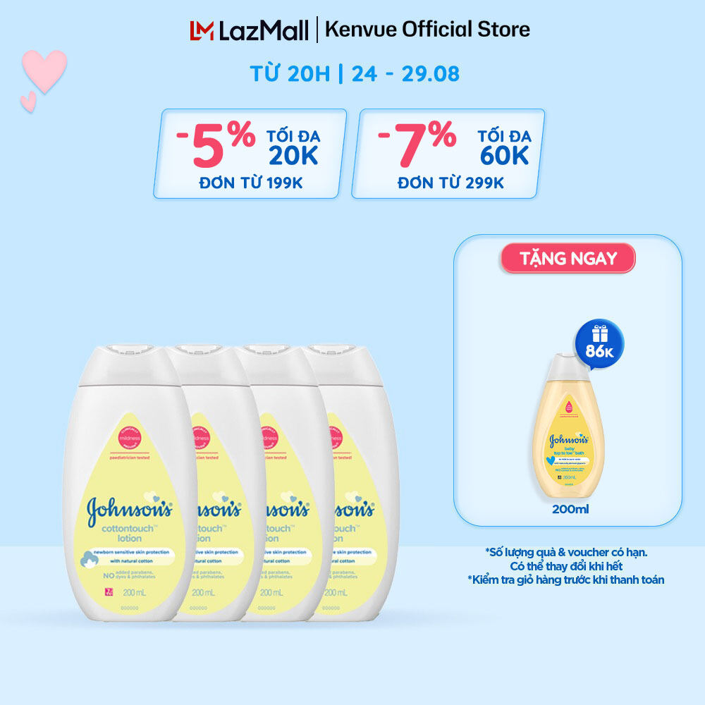 Combo 4 sữa dưỡng ẩm mềm mịn Johnson's baby cotton touch 200ml