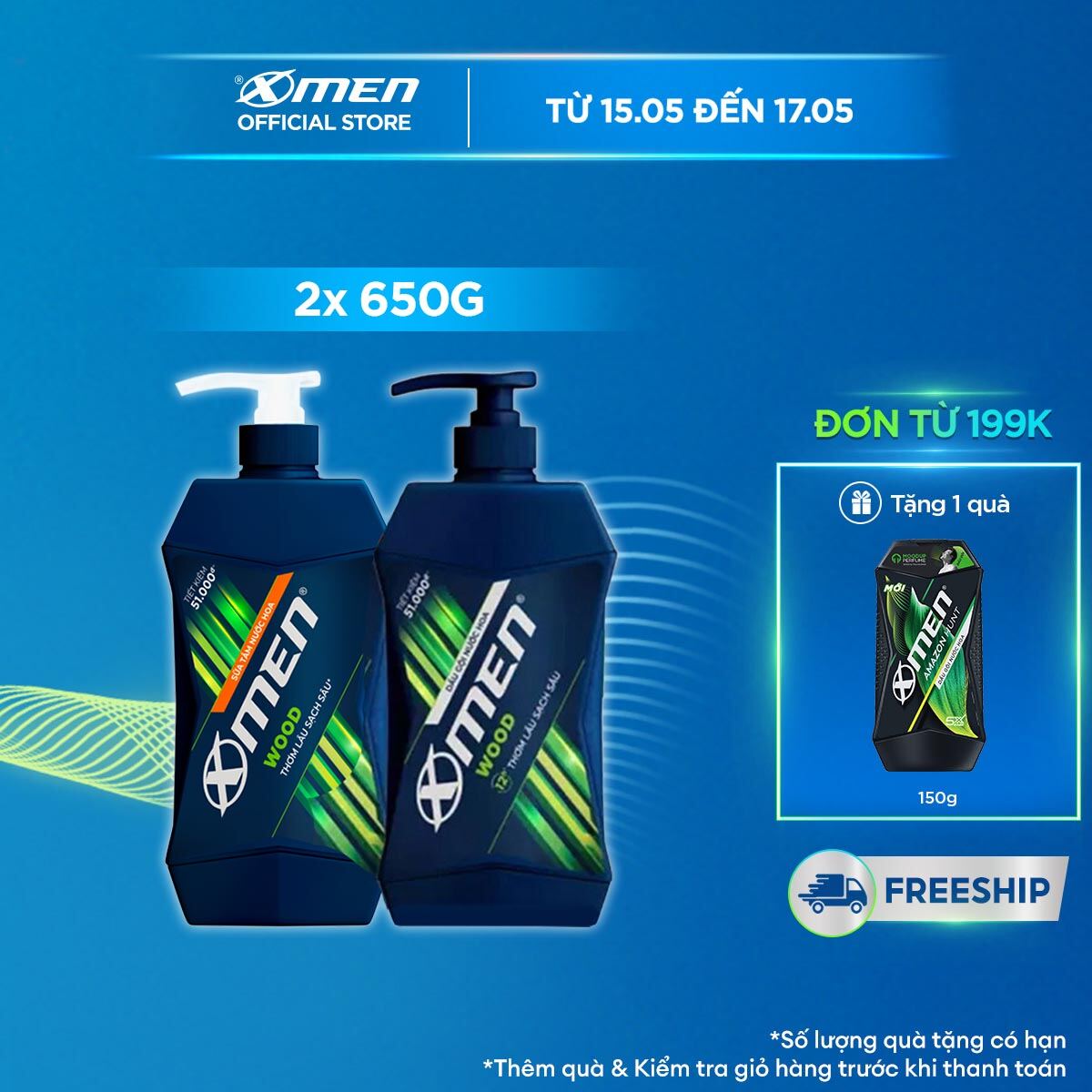 Combo Dầu Gội X-Men Nước hoa Wood 650G và Sữa Tắm X-Men Nước hoa Wood 650G