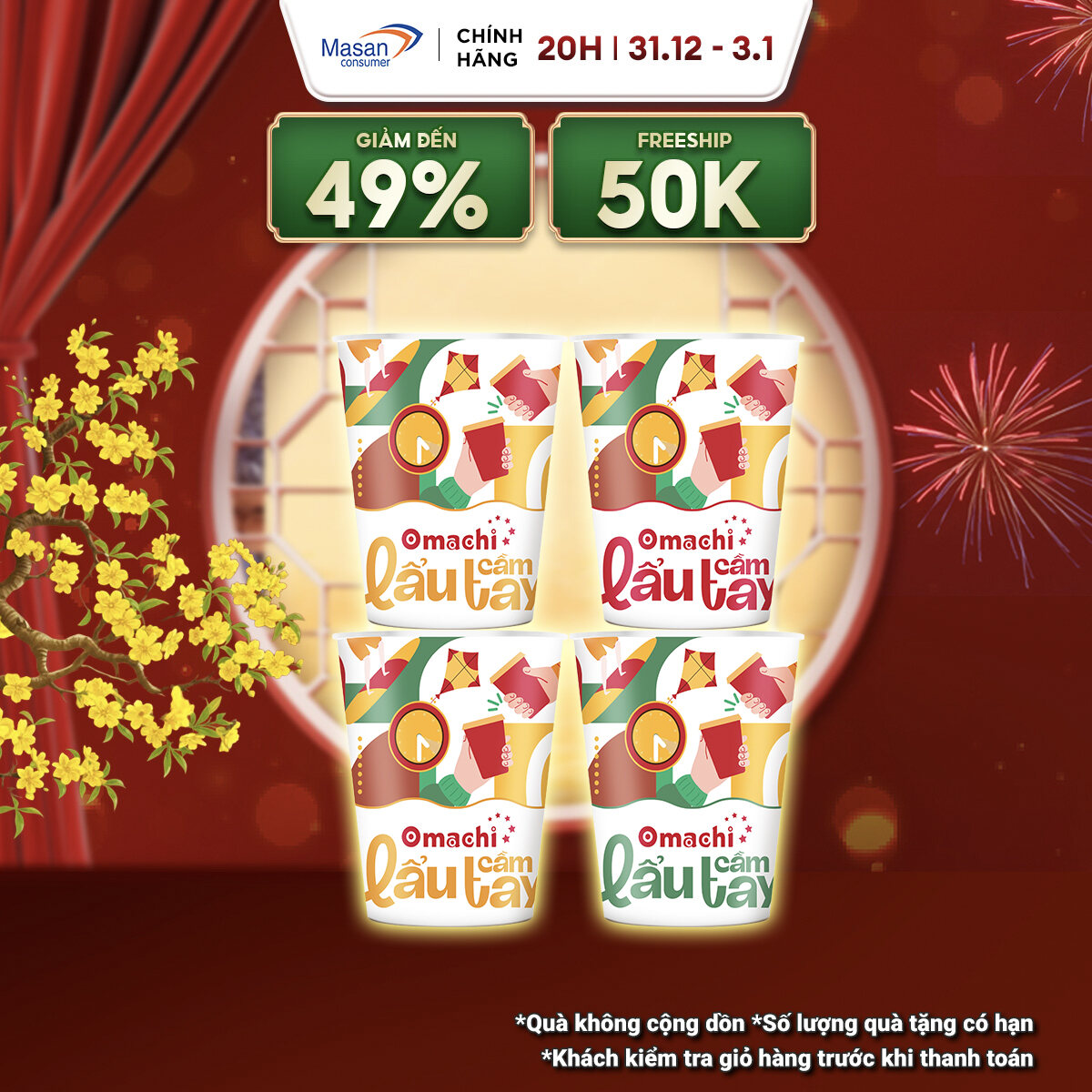   15.12-29.12 Voucher 18% CHO ĐƠN TỪ 199K Combo 4 Mì Omachi Lẩu Cầm Tay Hương Vị   2 Tomyum + 1 Ngao Nấm Rong Biển + 1 Tôm Hùm Phô Mai   