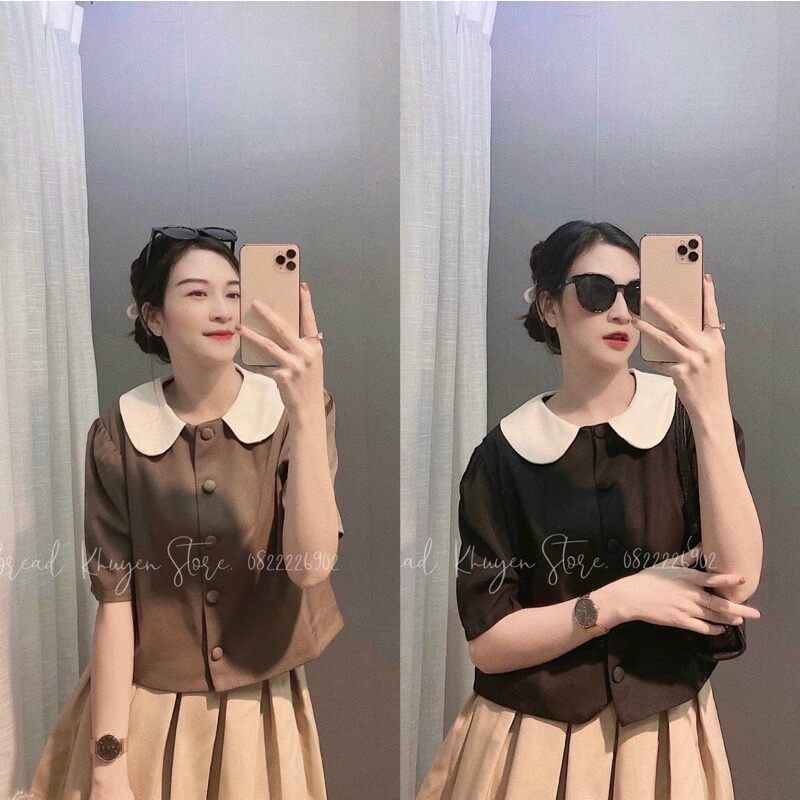 ÁO CROPTOP CỔ BÈO PHỐI NÚT XINH SMSEN12