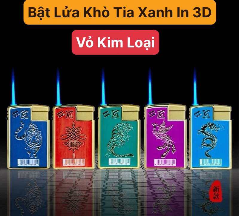 Hộp Quẹt Bật Lửa khò tia xanh vỏ kim loại in 3D mẫu vuông 999 như Zippo, được chọn màu