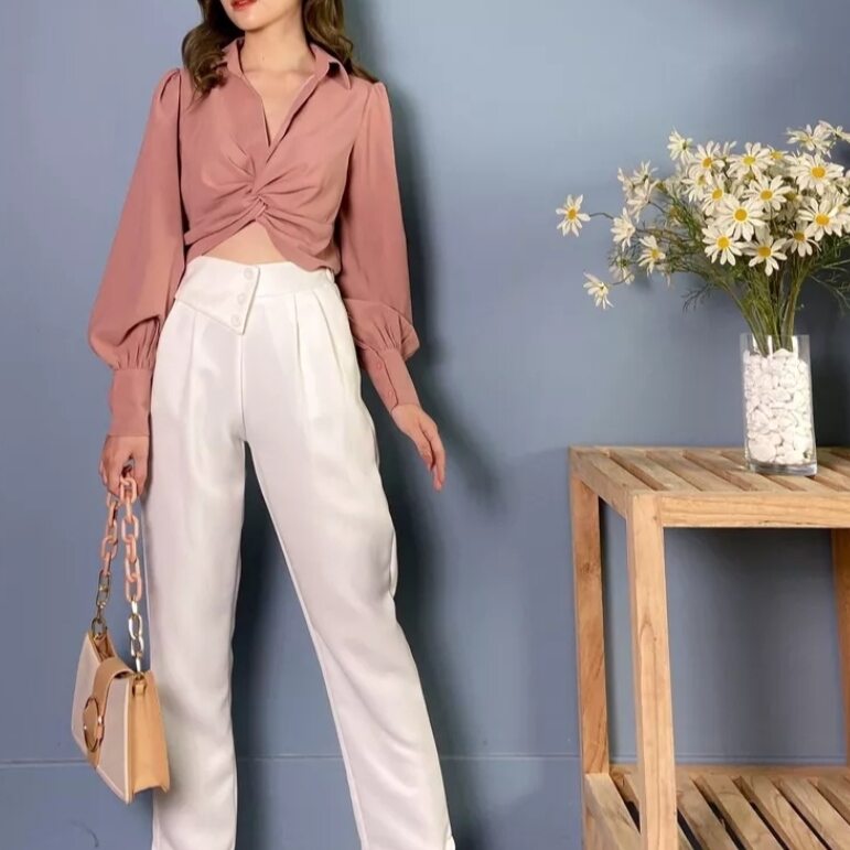 Áo Sơ Mi Xoắn Eo Croptop Màu Hồng - Size L (Dưới 55kg)