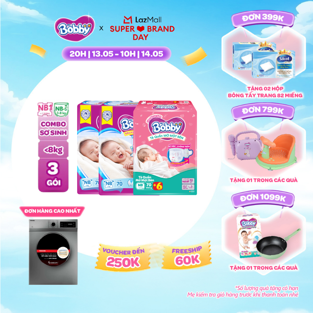 [CHỈ 20h 13.05 QT Đơn 899K/1199K][TẶNG MIẾNG NGẪU NHIÊN] Combo sơ sinh gồm 02 gói Tã dán Bobby NB70 miếng và  01 gói Tã quần mở một bên NB-S 74 miếng