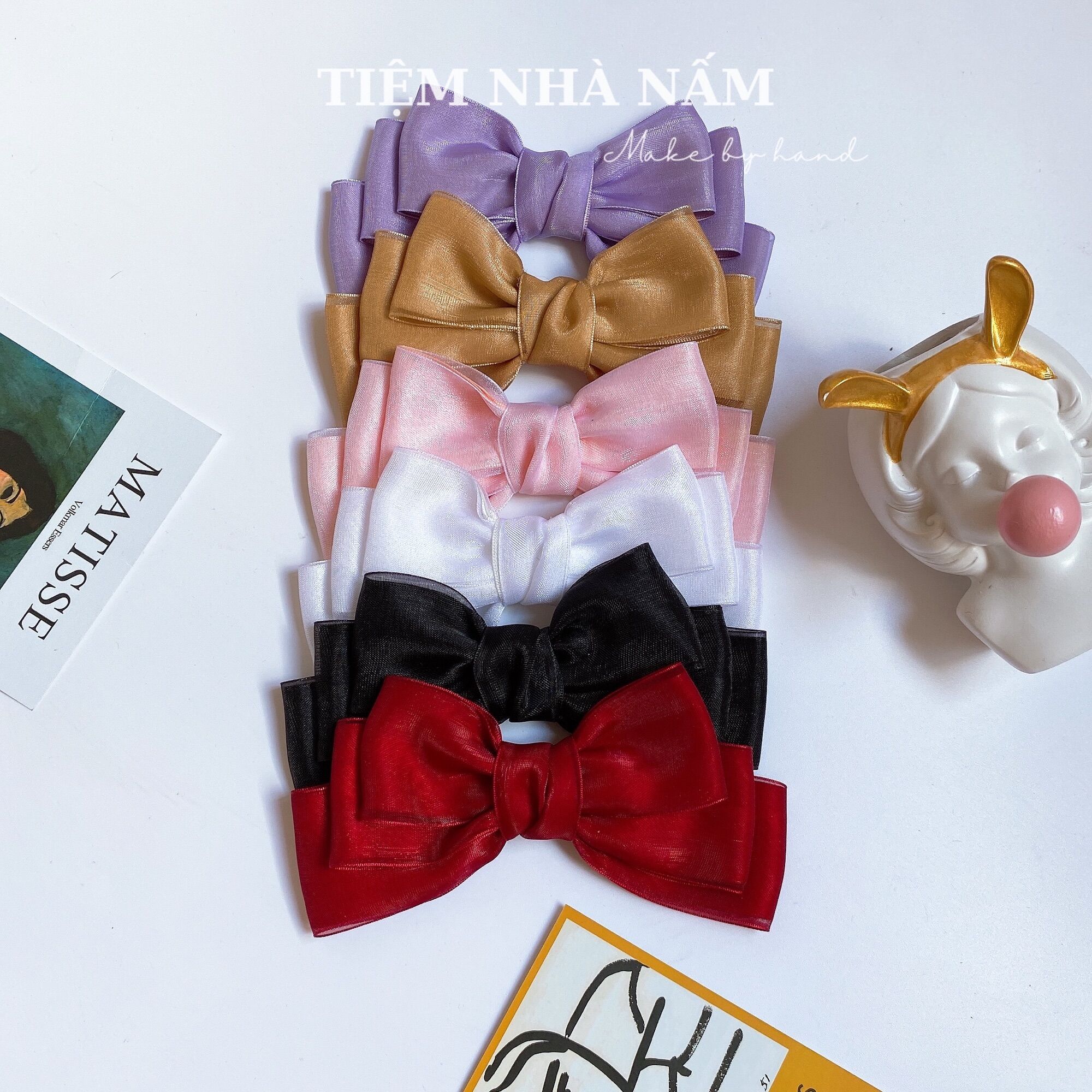 🎀 kẹp tóc nơ to satin phối voan hàn quốc -