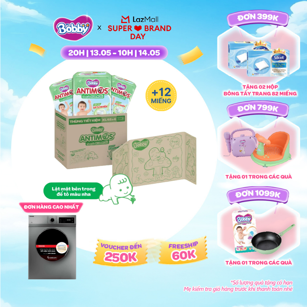 [CHỈ 20h 13.05 QT Đơn 899K/1199K][THÙNG TIẾT KIỆM TÔ MÀU] Combo 3 gói tã Quần Xua Muỗi Bobby Antimos – Hàng rào Sả tự nhiên Bye Muỗi 8H - XL48+4