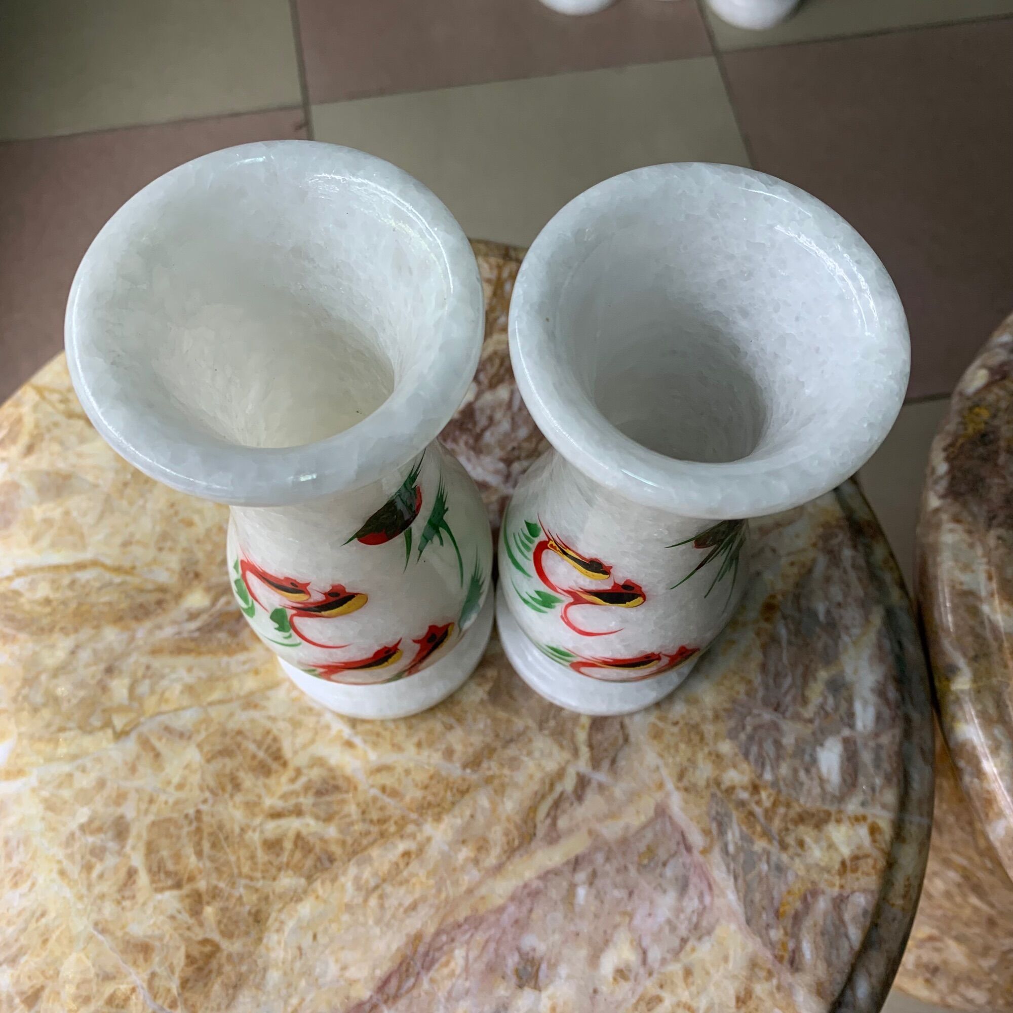 Cặp Bình Vẽ Chim Đá Cẩm Thạch Trắng - cao 18.5cm
