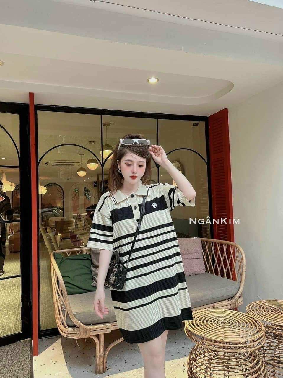 đầm váy len dệt kim phối sọc & logo (500016#)