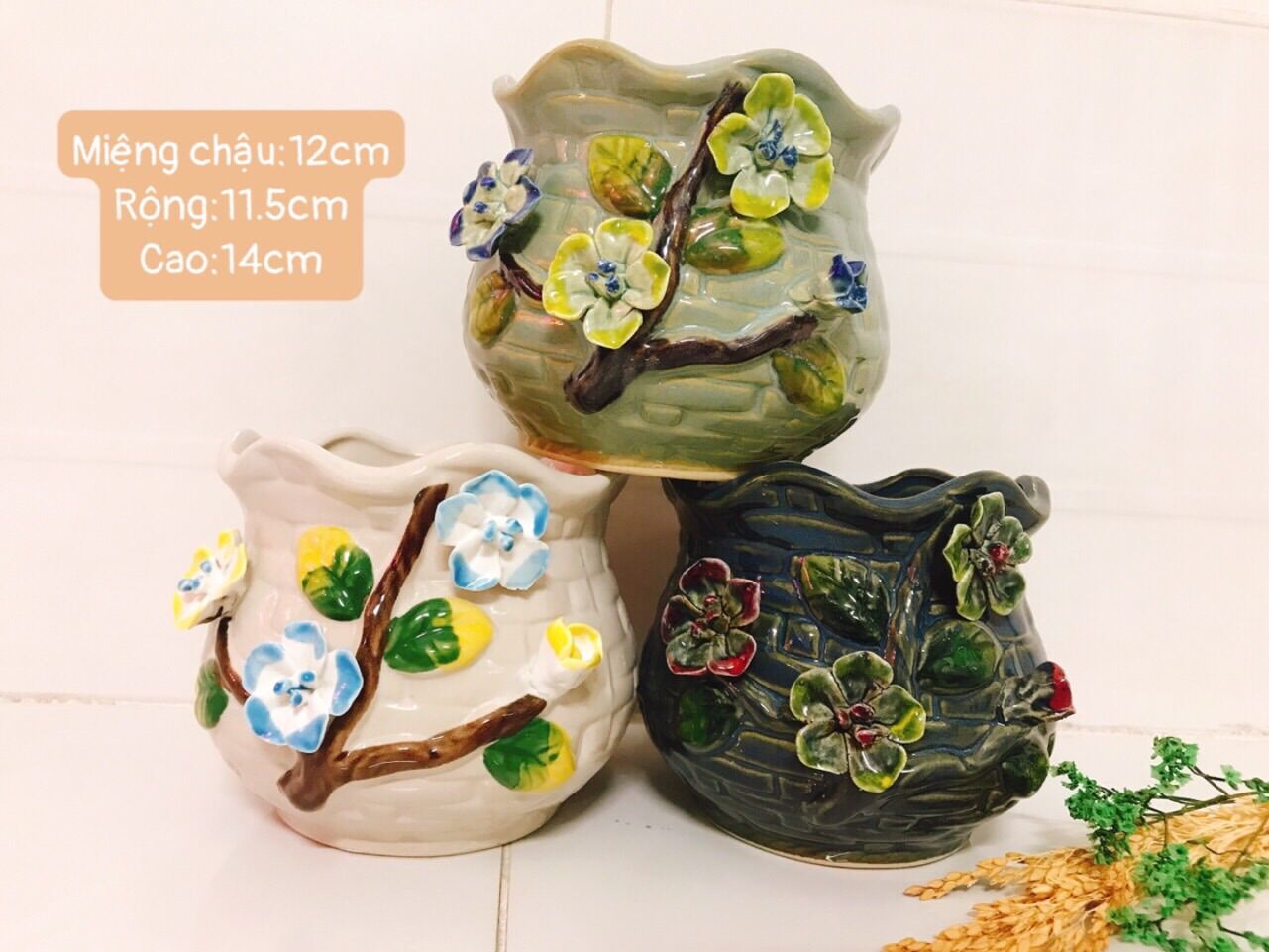 Chậu men đắp hoa 3D cao cấp (thích hợp trồng sen đá sương rồng)