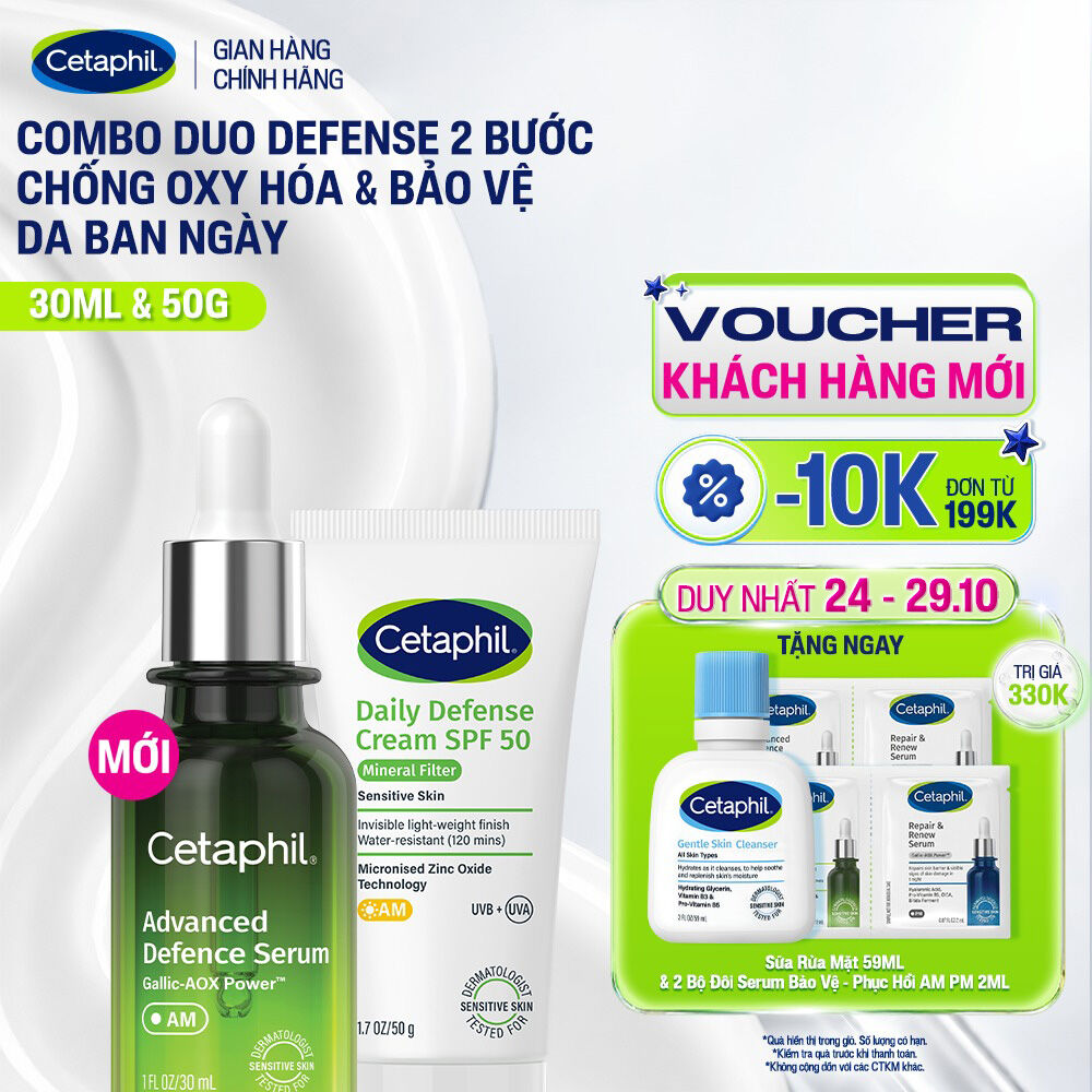 Combo Serum Tinh chất bảo vệ dưỡng da Cetaphil Advanced Defence 30ml và Kem chống nắng dưỡng ẩm 2in1 cho da thiên dầu nhạy cảm Cetaphil Daily Defense Cream SPF50 50G