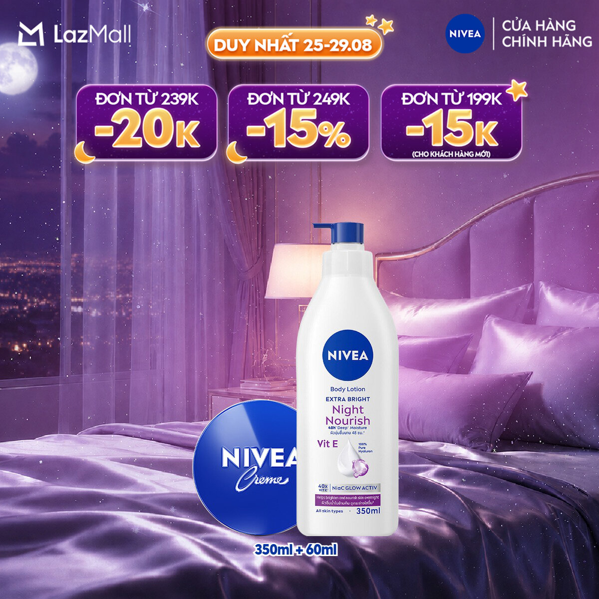Bộ Kem Dưỡng Ẩm Chuyên Sâu NIVEA Crème (60ml) và Sữa Dưỡng Thể NIVEA Dưỡng Sáng Mịn Da Ban Đêm (350 ml) - 80102+98412