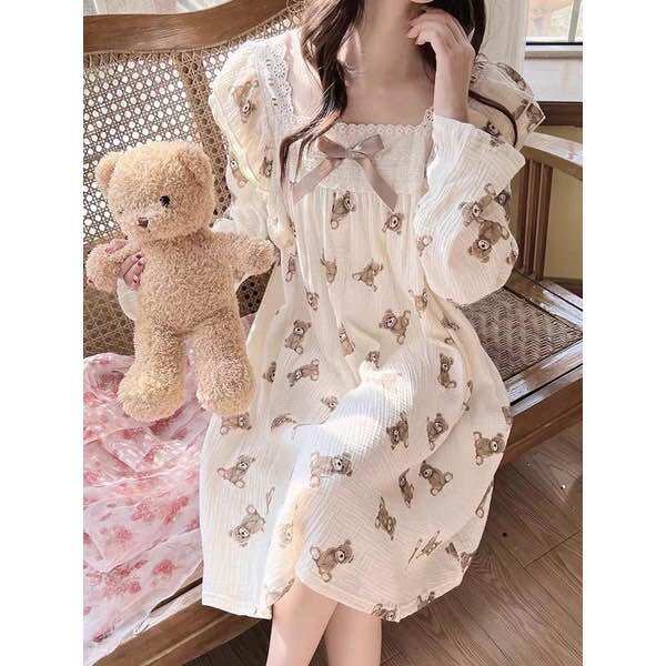 Váy ngủ nữ babydoll phối ren đính nơ gấu cute siêu dễ thương