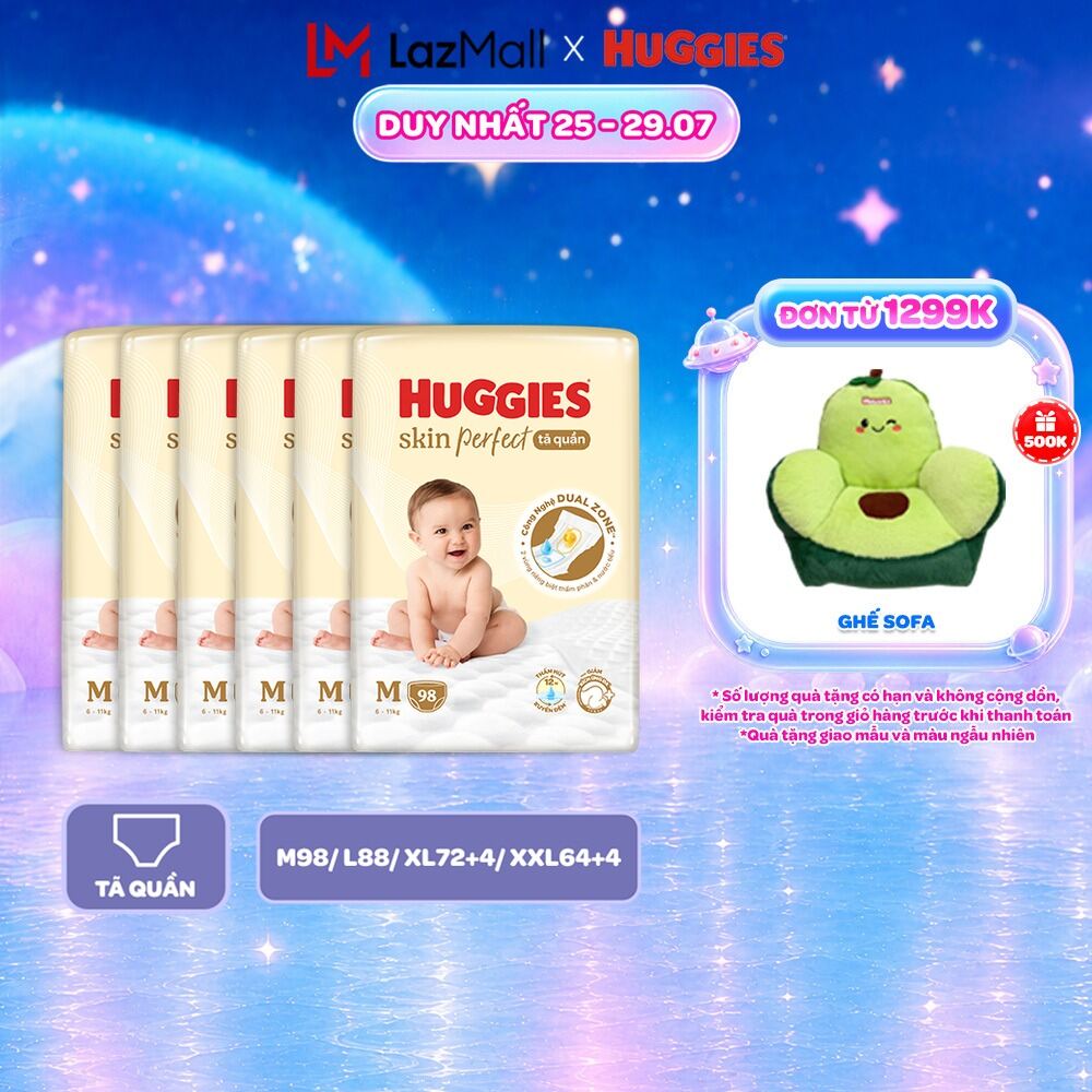 Combo 6 Huggies Skin Perfect - Tã Quần M98/L88/XL72/XXL64|Tã Dán NB70/S54/S80/M76|Miếng Lót Sơ Sinh NB1 64+6/108+9