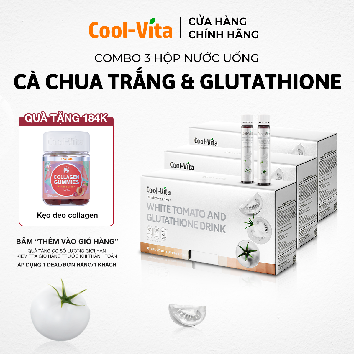 Combo 3 Hộp Thực Phẩm Bổ Sung Nước Uống Cà Chua Trắng Hỗ Trợ Sáng Da Kết Hợp Glutathione & Collagen Coolvita (6 chai×25 ml)/hộp