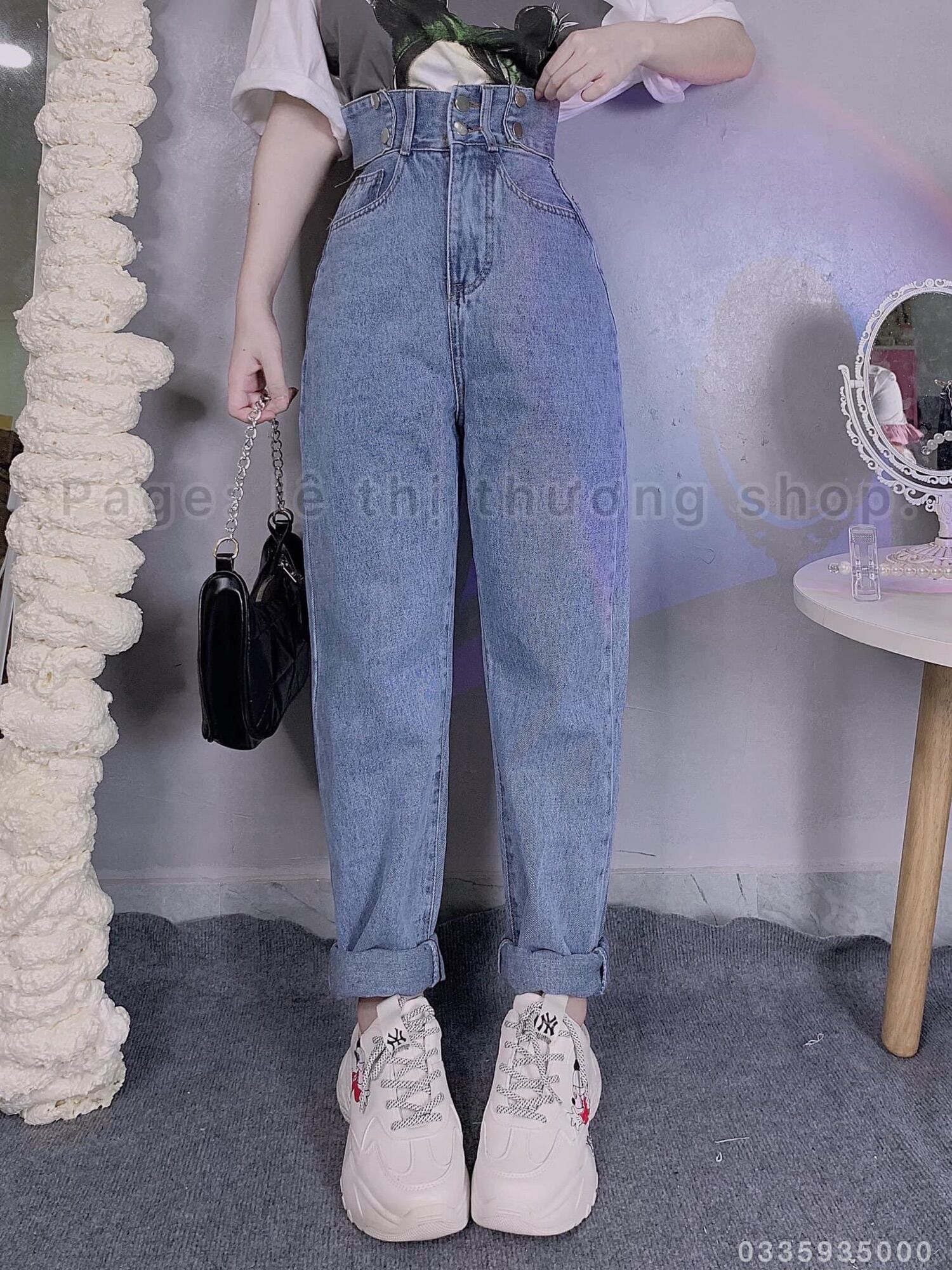 Baggy jeans lưng cao 2 nút đai nút