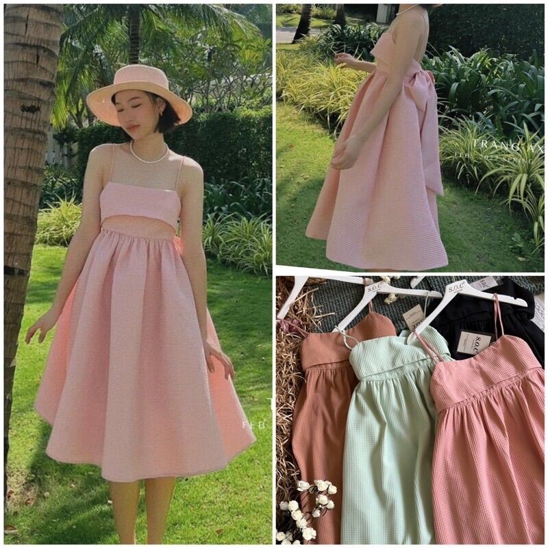 New | váy 2 dây babydoll xốp phồng nơ lưng