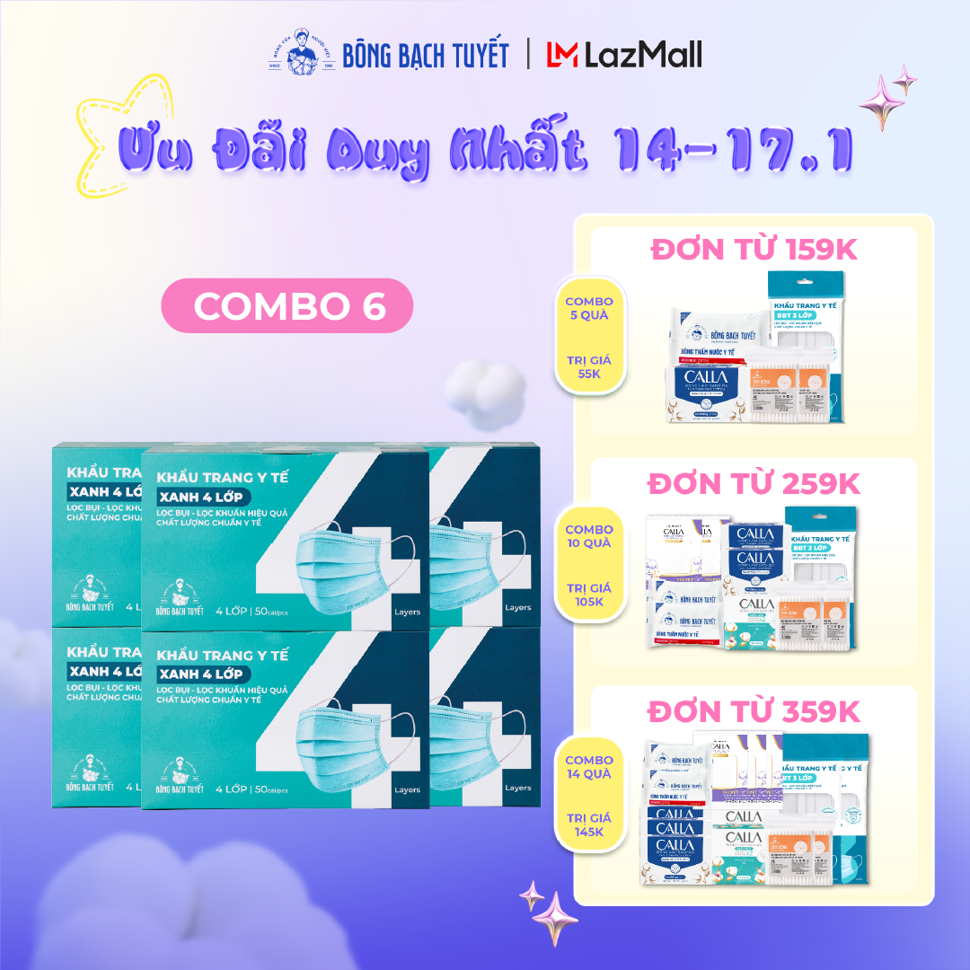 Combo 6 Hộp Khẩu trang Bông Bạch Tuyết 4 lớp xanh (50 cái/hộp)
