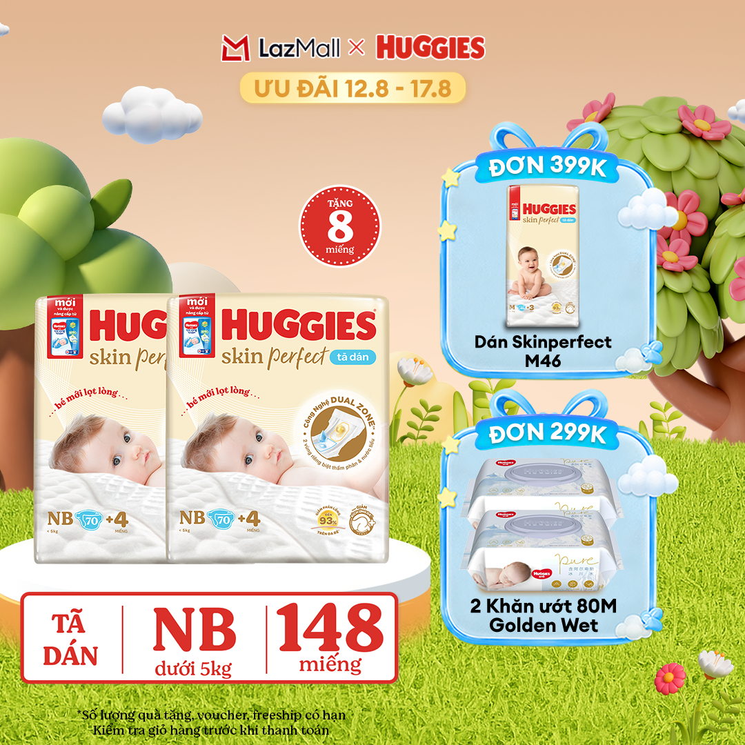 [12-17.08 QUÀ TẶNG ĐƠN 0Đ]  Combo 2 Tã/bỉm dán sơ sinh Huggies Skin Perfect NB70 với 2 vùng thấm giảm kích ứng da