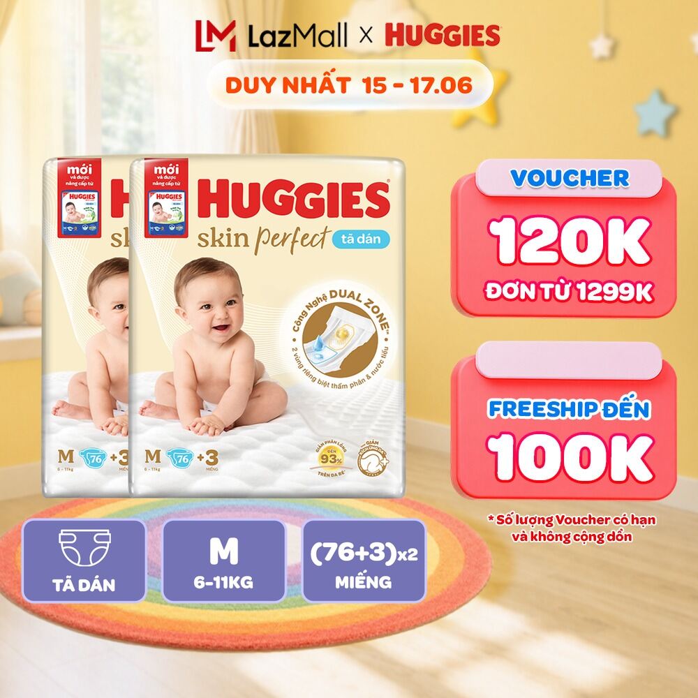 Combo 2 Tã/bỉm dánHuggies Skincare Super Jumbo M76+3/L68/XL60/XXL54