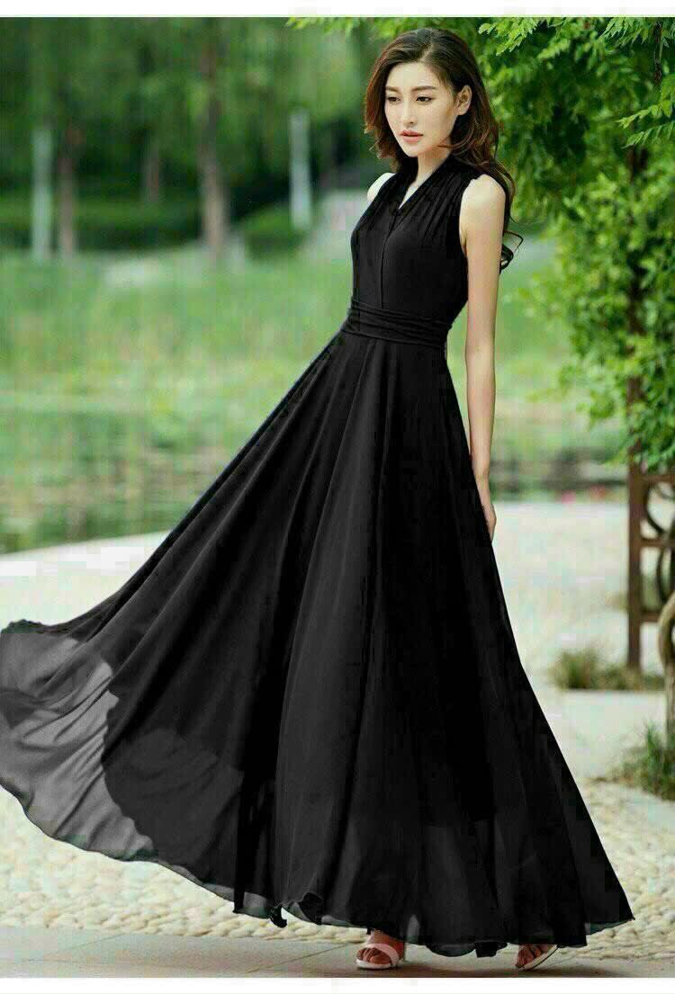 Đầm maxi cổ V sát nách đai eo xếp li