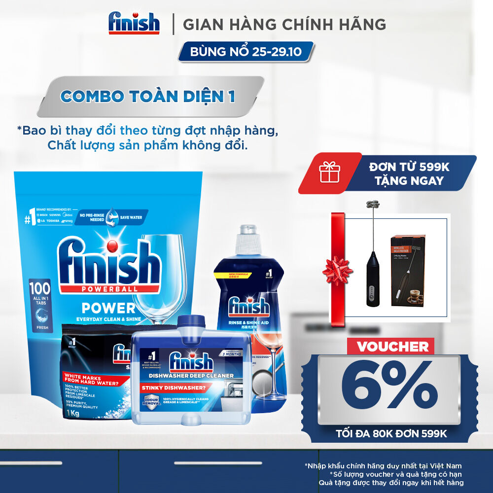 Combo Finish toàn diện 1: Everyday Shine  Clean + Nước Làm Bóng Finish 500ml + Muối Rửa Chén Finish Salt túi 1kg + Dung dịch vệ sinh máy