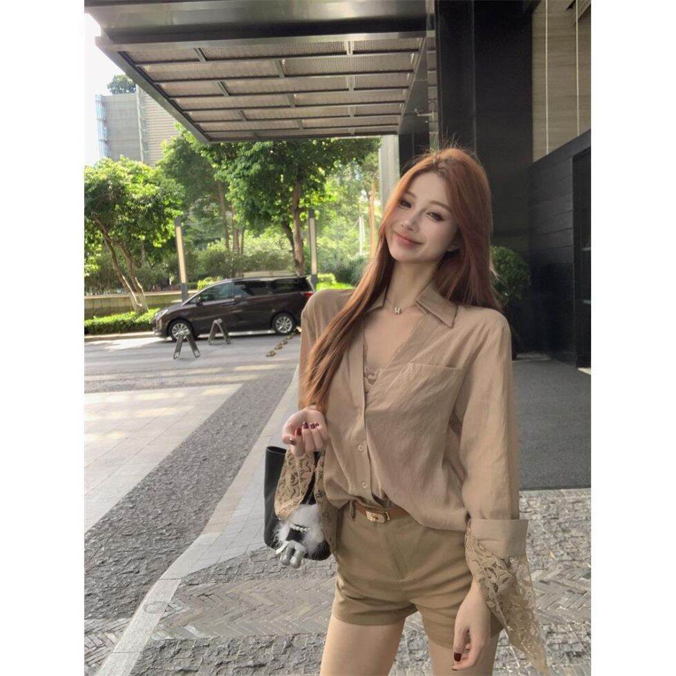 Áo Sơ Mi Ren Nối Dài Mùa Hè Mỏng Tay Dài Chống Nắng Màu Kaki Rộng Rãi Dài Vừa Phải Cho Nữ Áo Sơ Mi C