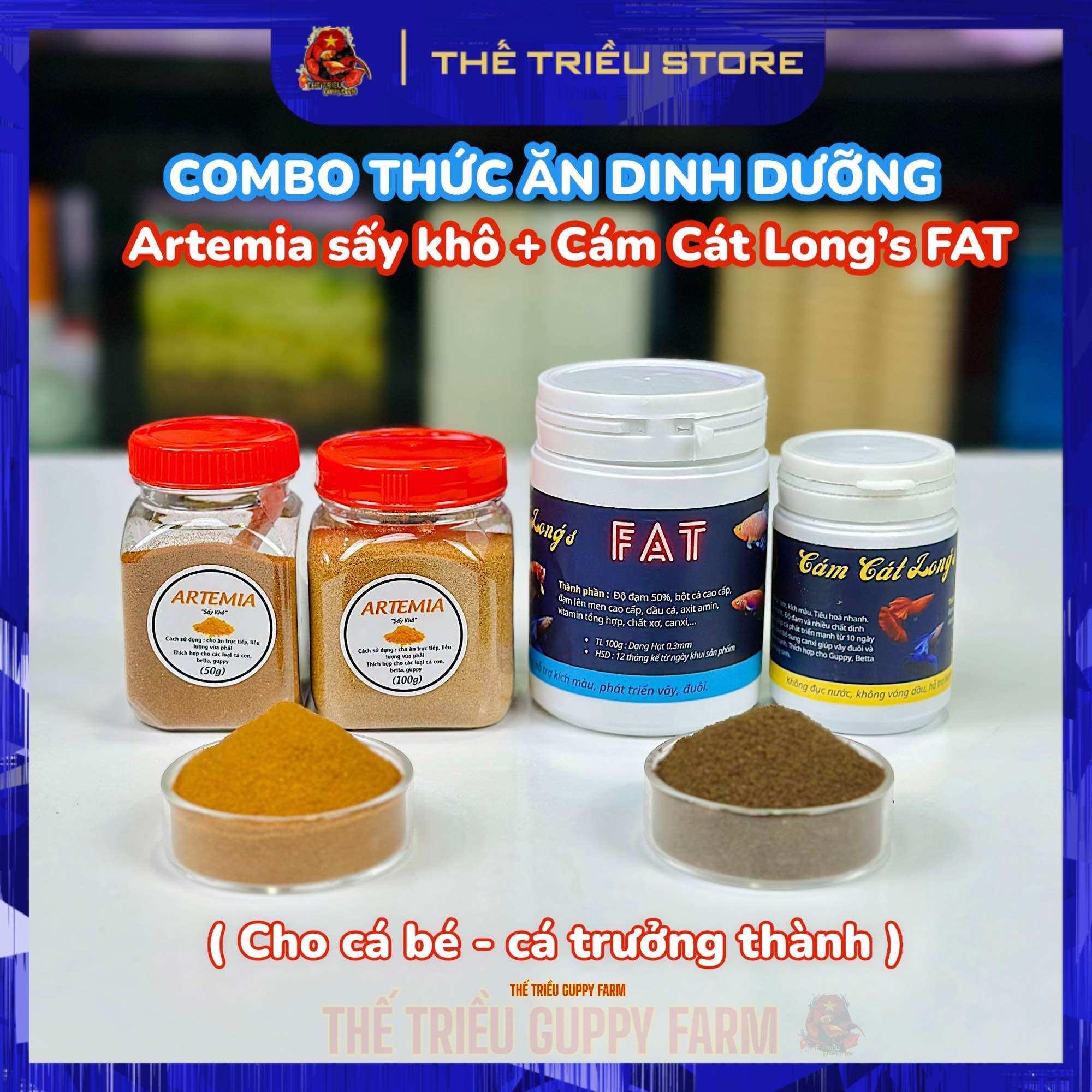 Combo Artemia sấy khô + Cám Cát Long’s FAT - 50g-100g-200g. Thức ăn dinh dưỡng và tiện lợi cho cá guppy, betta và các loài cá thuỷ sinh